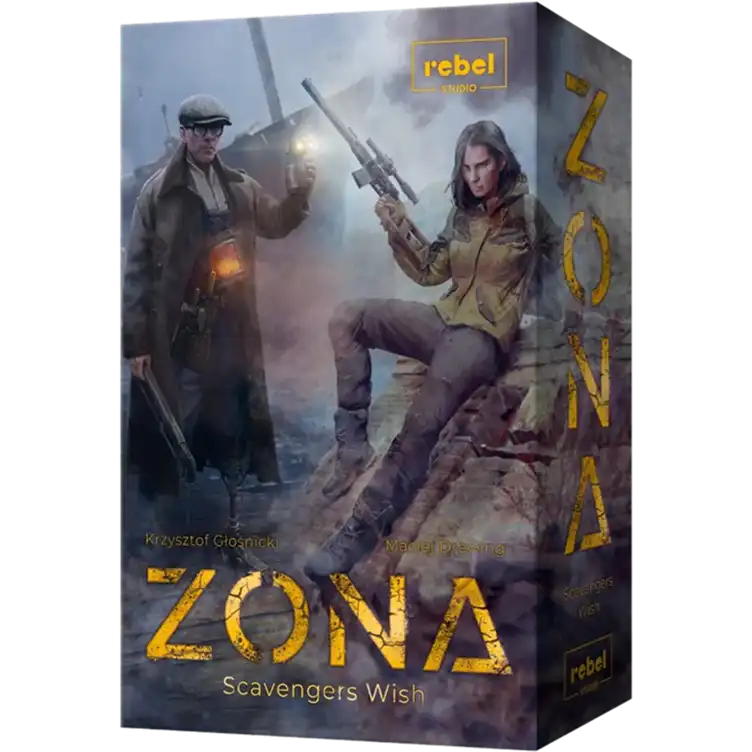 A Zona társasjáték doboza, posztapokaliptikus hangulatú figurákkal és „újdonság” jelöléssel